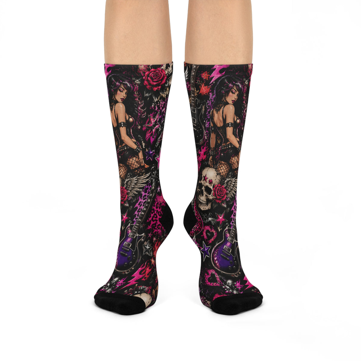 Gothic Pinup Skull Crew Socks — Cushioned Rockabilly Rose Knee-Highs