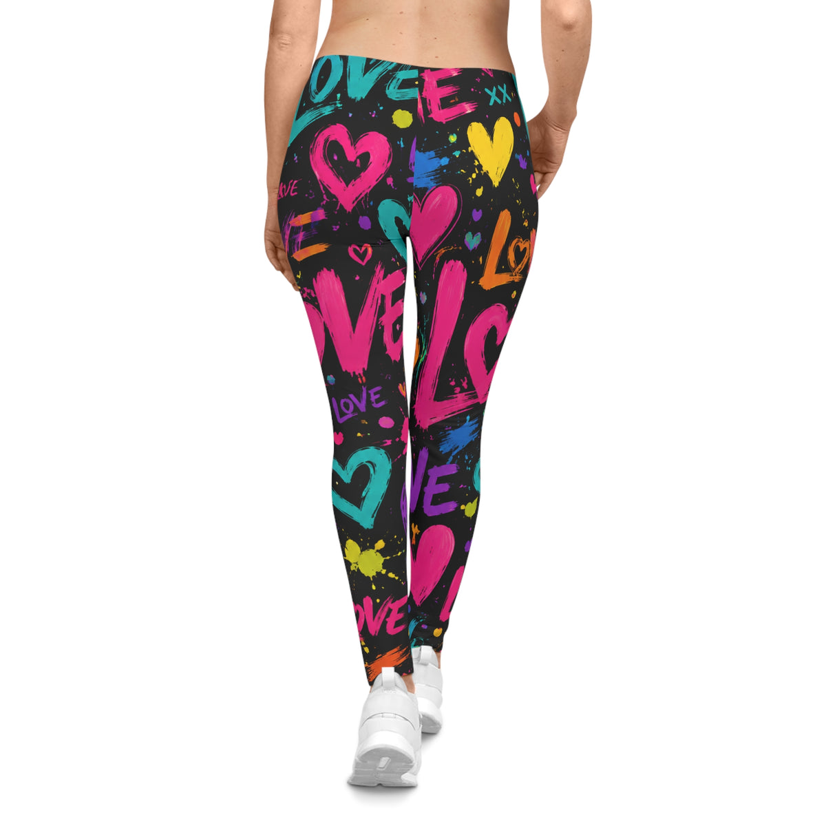 Love Graffiti Leggings — Neon Heart All‑Over Print Women's Leggings