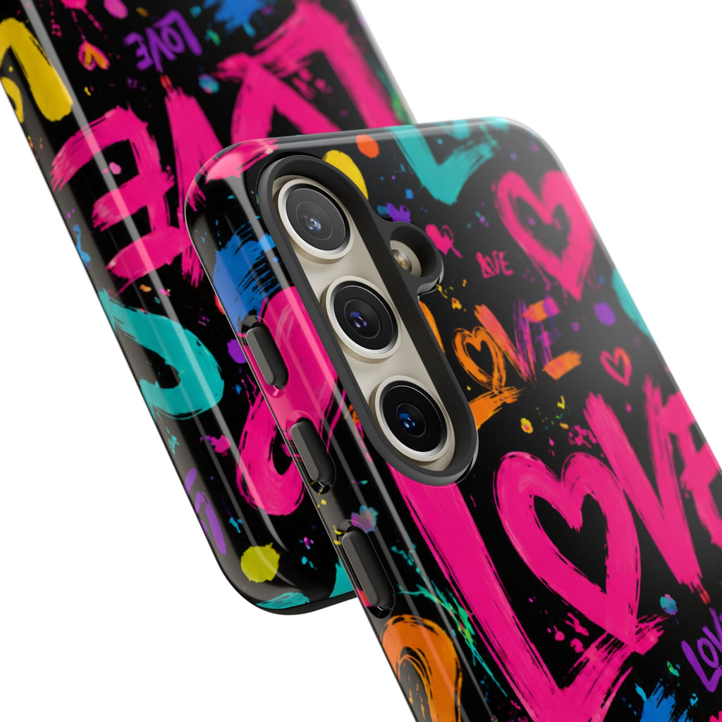 Phone Case — Neon Graffiti "Love" Hearts Protective Tough Case