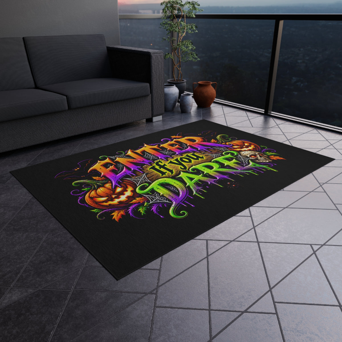 Outdoor Rug — "Enter If You Dare" Halloween Doormat with Pumpkins & Skull