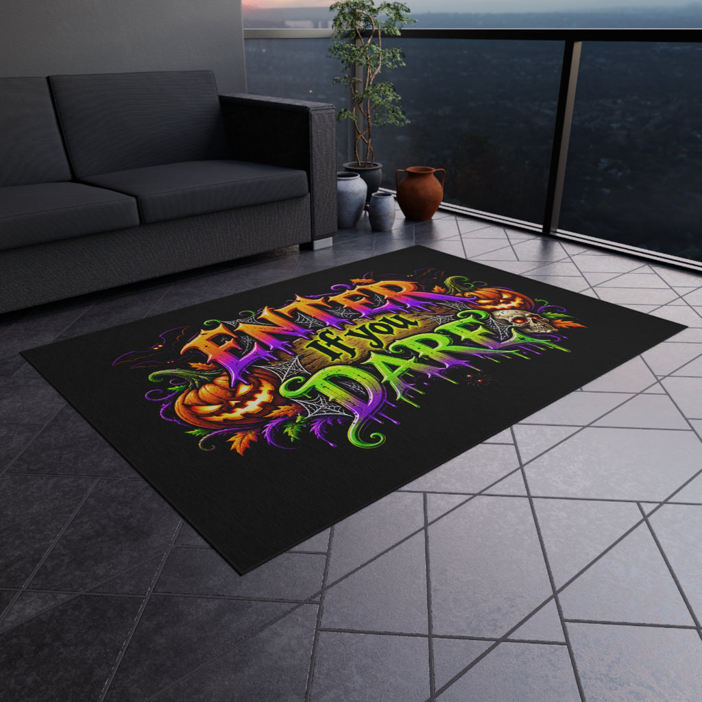 Outdoor Rug — "Enter If You Dare" Halloween Doormat with Pumpkins & Skull