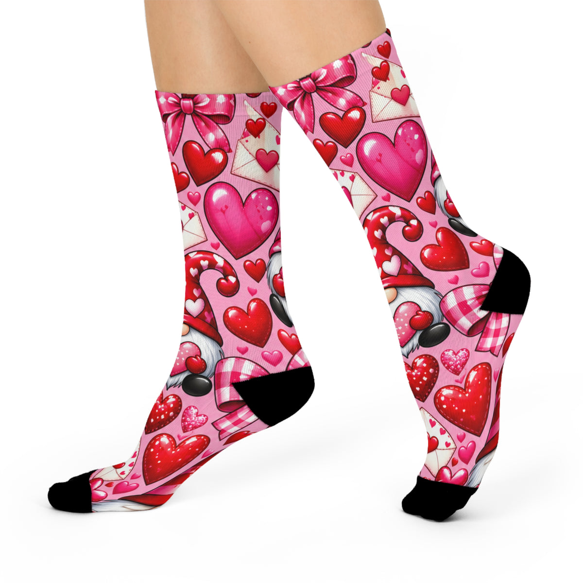 Valentine Heart Pattern Cushioned Crew Socks — Cute Pink Hearts, Envelopes & Cupcake Design