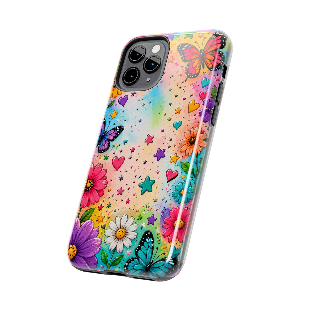Colorful Butterflies and Flowers Tough Phone Case | Rainbow Hearts Stars