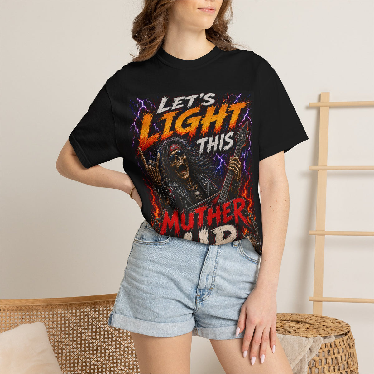 Skull Guitarist "Let’s Light This Muther Up" T-shirt | Rock Metal Tee