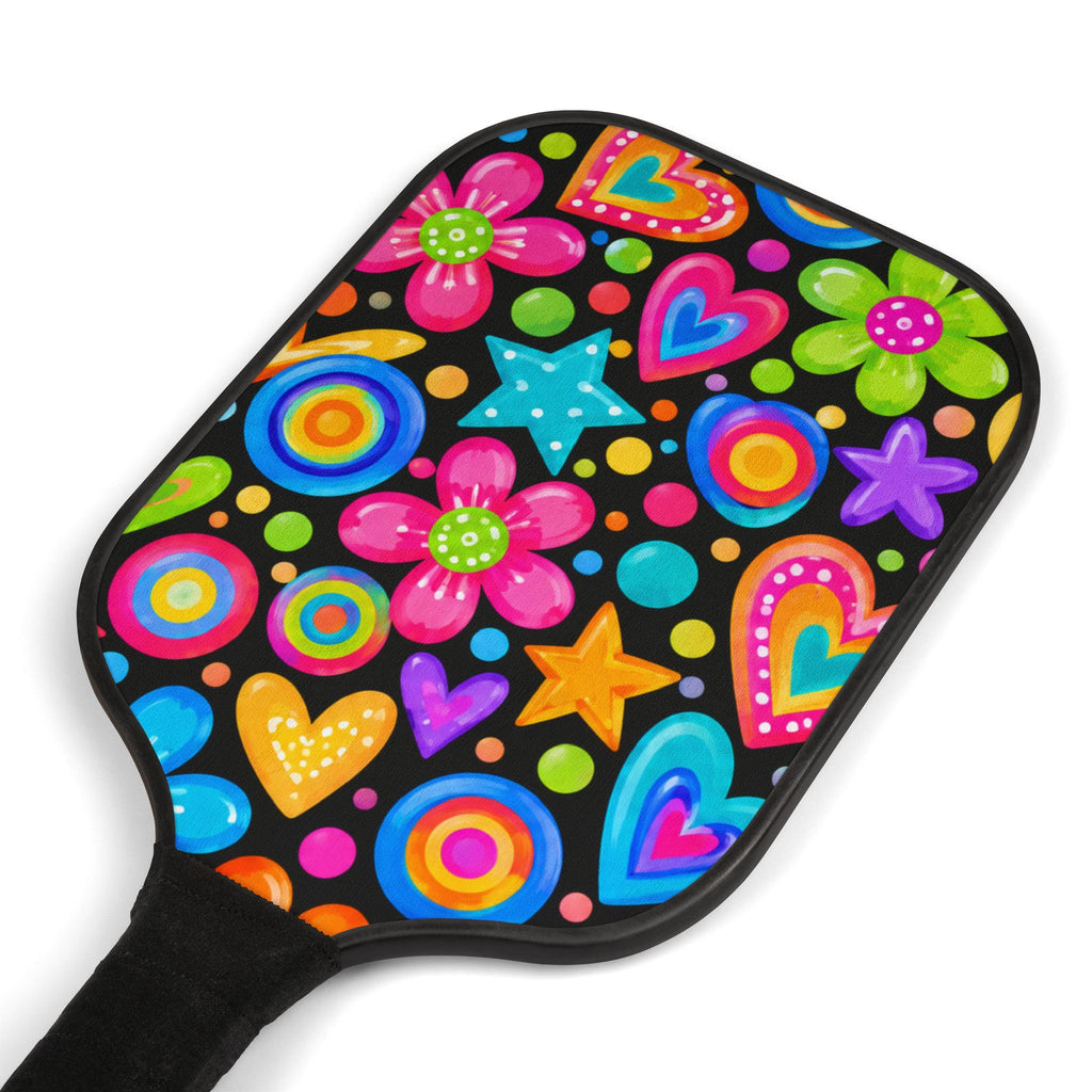 Colorful Hearts & Flowers Pickleball Paddles Set — Neon Retro Pickleball Kit with 2 Balls
