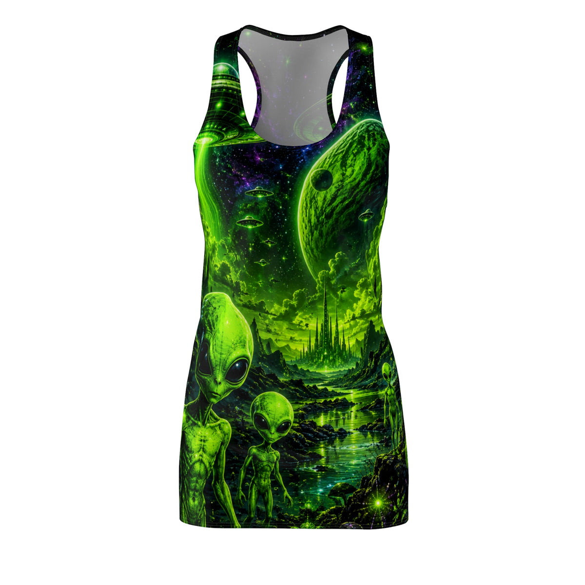 Alien Invasion Racerback Dress — Neon Green Extraterrestrial AOP Halloween