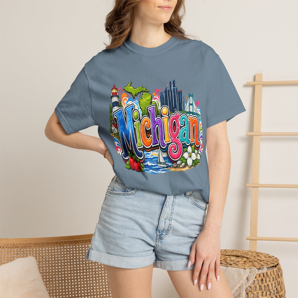 Michigan State Scene T-Shirt | Lighthouse, Skyline, Great Lakes