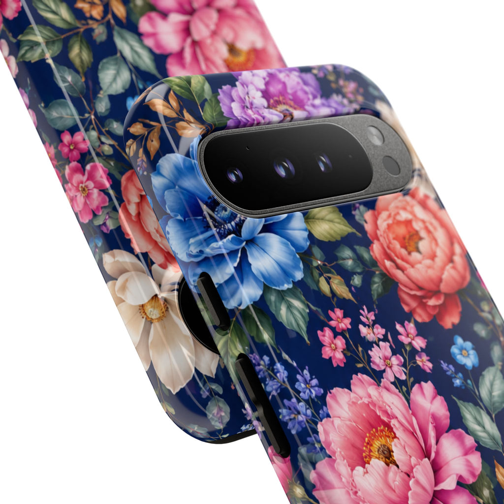 Floral Tough Phone Case – Vibrant Garden Flowers on Navy