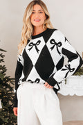 Bow Colorblock Rhombus Drop Shoulder Sweater