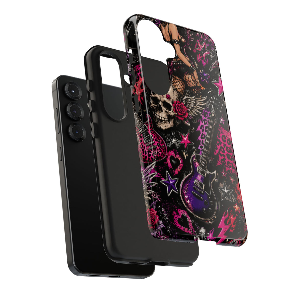 Rock Skull Guitar Phone Case — Edgy Pink Skull & Roses Tough Phone Case