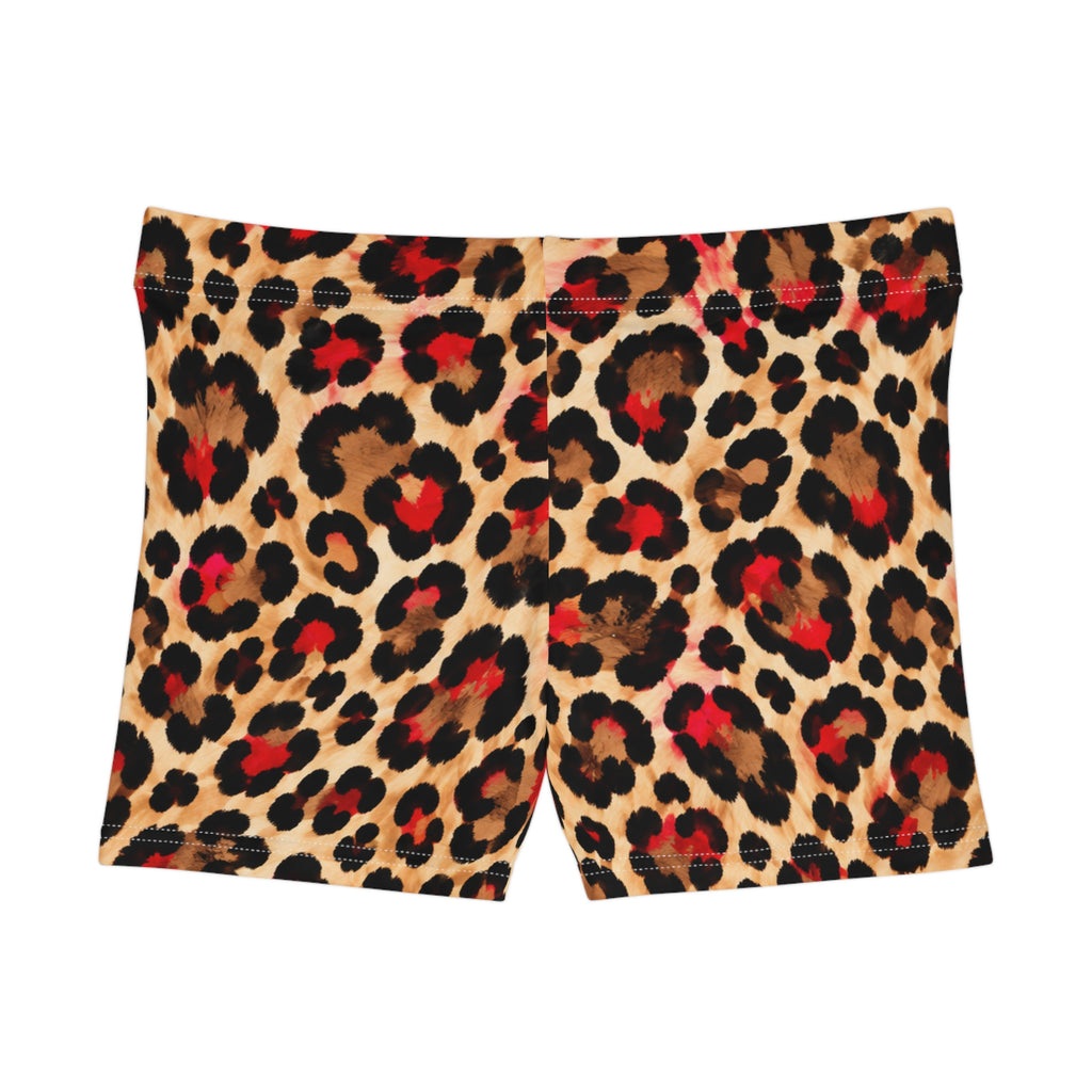 Leopard Print Women's Active Shorts — Red Accent Animal Print Bike Shorts