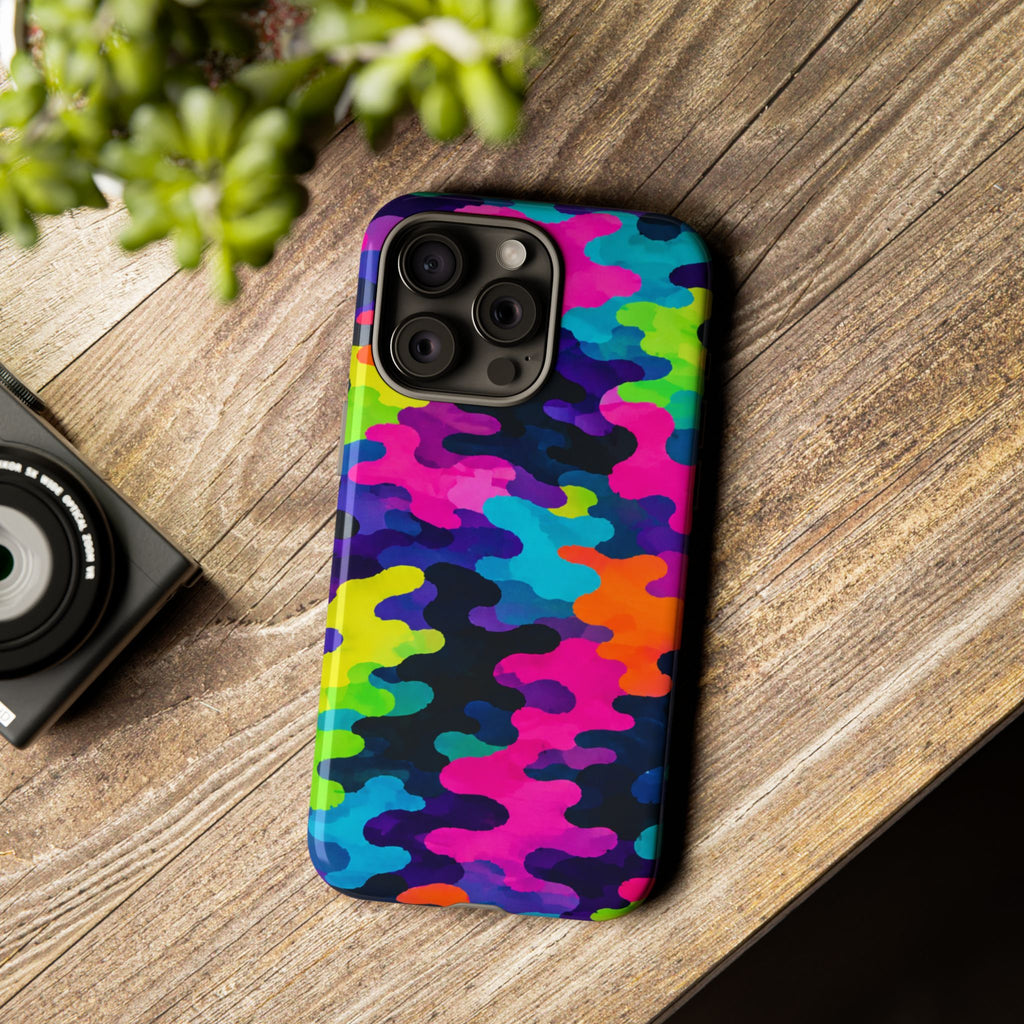 Neon Camo Tough Phone Case — Bright Rainbow Protective iPhone Cover