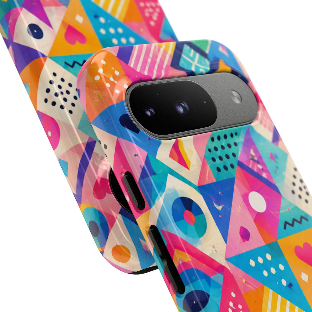 Colorful Geometric Tough Phone Case — Bright Abstract Heart & Triangle Pattern