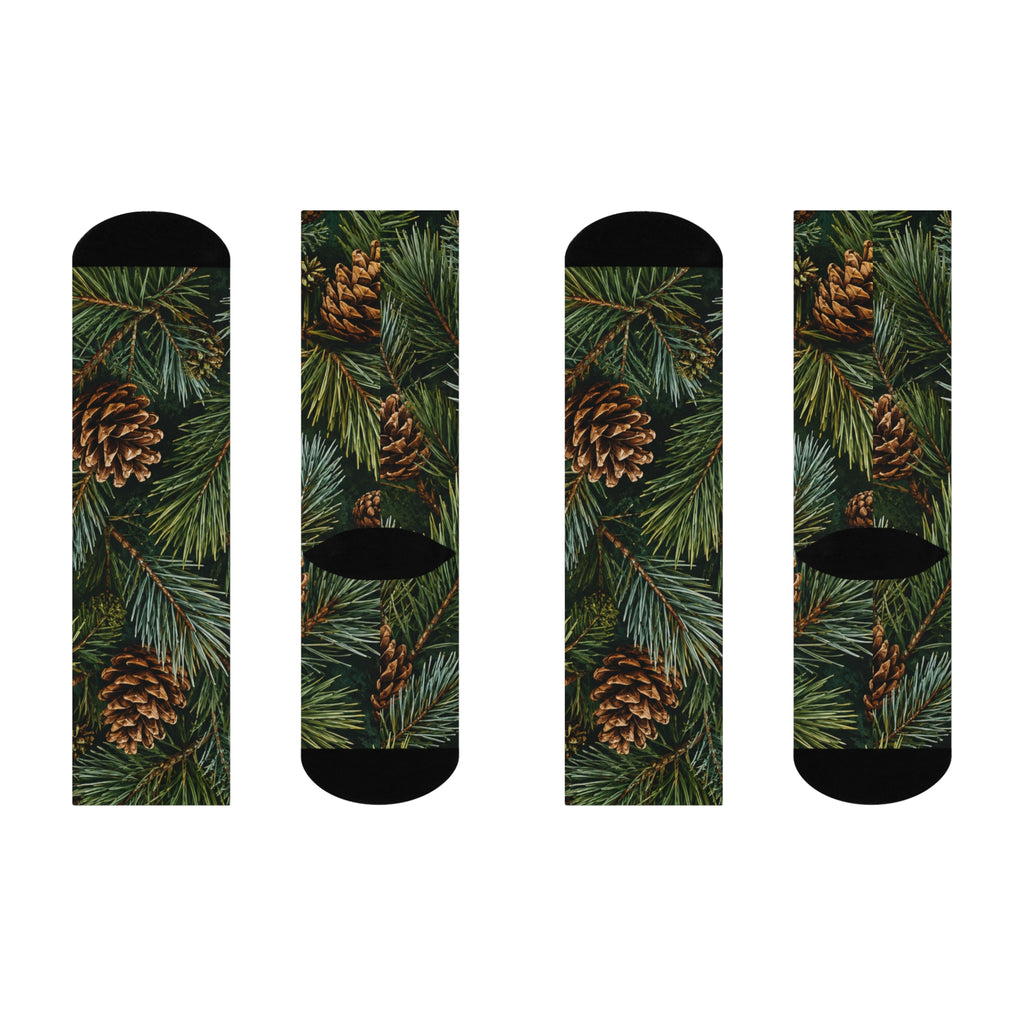 Pinecone & Evergreen Cushioned Crew Socks — Cozy Holiday Nature Print