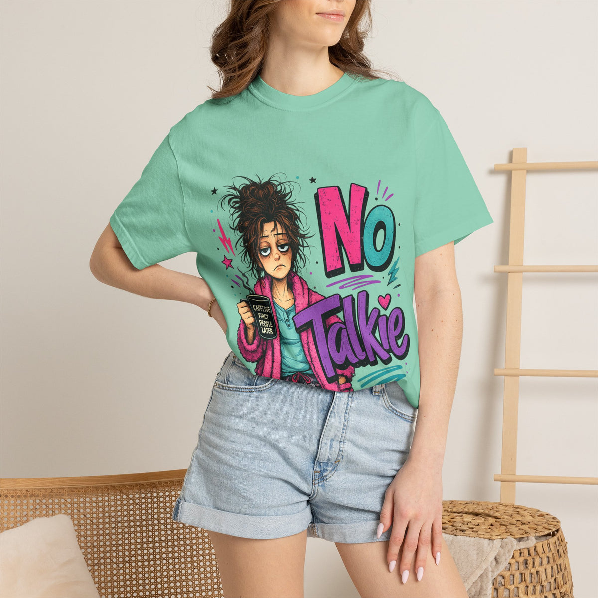 No Talkie Graphic T-Shirt | Grumpy Coffee Girl Illustration