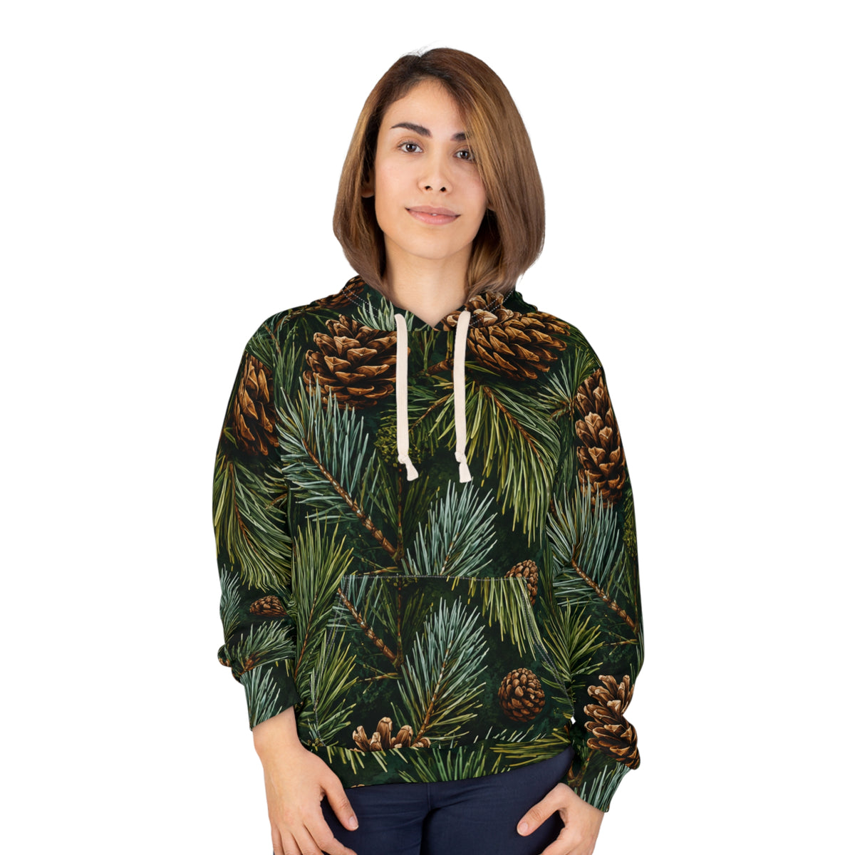 Pinecone Pine Needle All-Over Print Hoodie — Cozy Woodland Winter Pullover