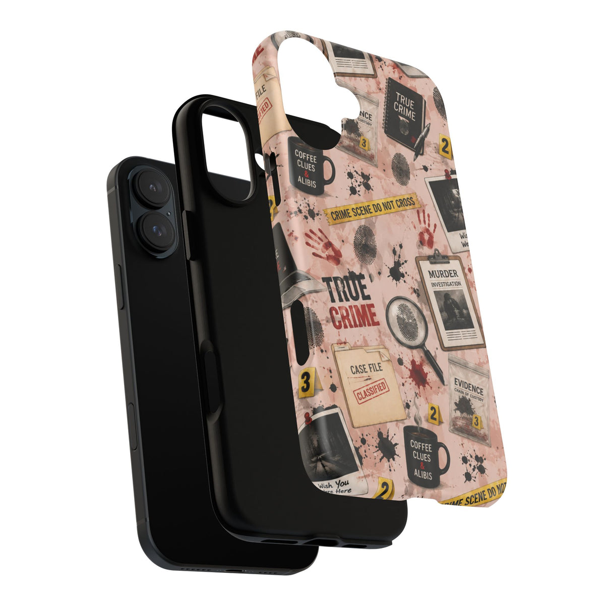 True Crime Pattern Phone Case – Detective Evidence, Crime Scene Tape & 'True Crime' Design