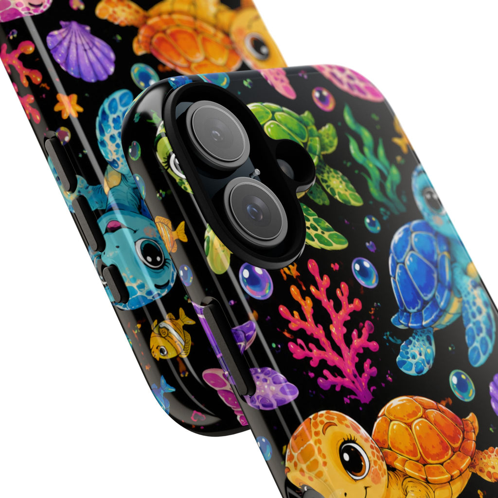 Phone Case — Colorful Cute Sea Turtles on Black (Protective Smartphone Cover)