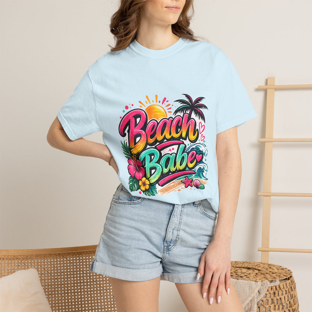 Beach Babe T-shirt | Tropical Palm Hibiscus Sunset Design