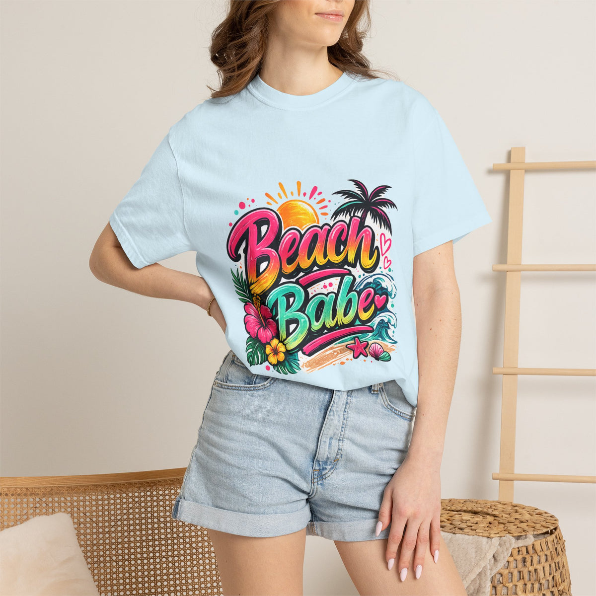 Beach Babe T-shirt | Tropical Palm Hibiscus Sunset Design