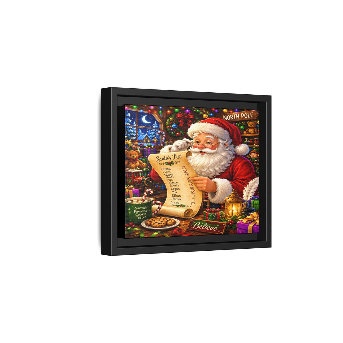 Santa Reading Wish List Matte Framed Canvas — Christmas Holiday Wall Art