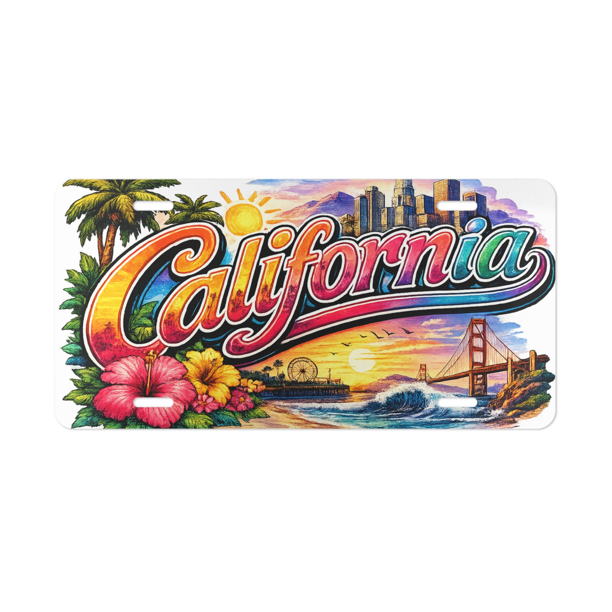 California Vintage Beach Script Vanity Plate | Golden Gate Sunset