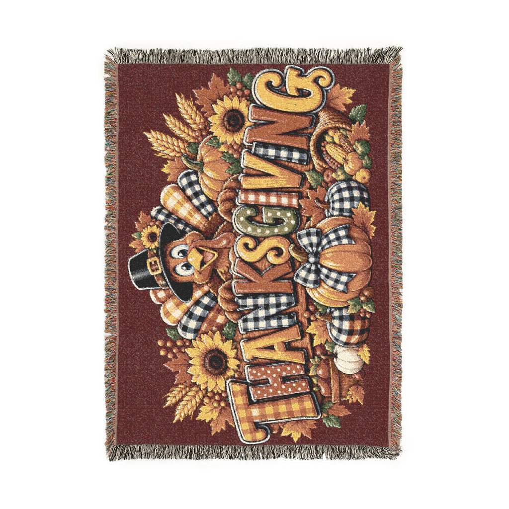 Thanksgiving Turkey Woven Blanket – Fall Harvest Throw with Pumpkins & Sunflowers