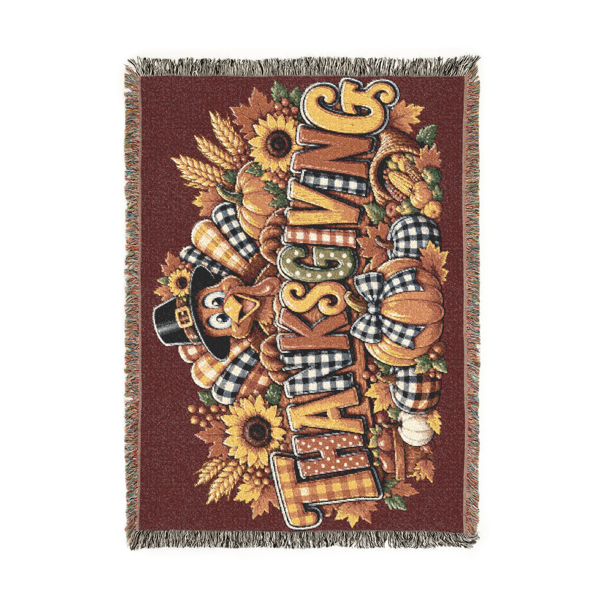 Thanksgiving Turkey Woven Blanket – Fall Harvest Throw with Pumpkins & Sunflowers