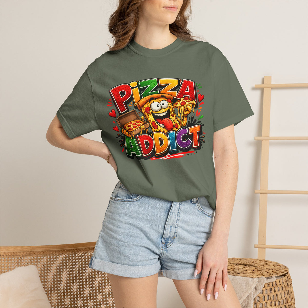Pizza Addict T-shirt | Cartoon Slice Graphic, Funny Food Tee
