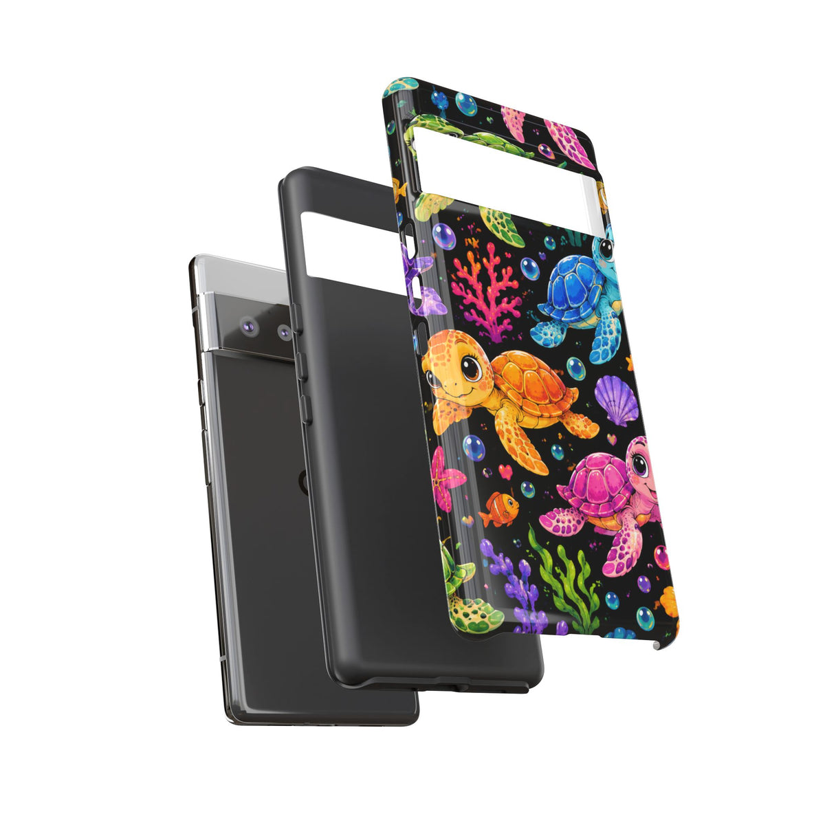 Phone Case — Colorful Cute Sea Turtles on Black (Protective Smartphone Cover)