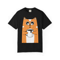Coffee Cat T-Shirt — Cute Cat Holding Coffee Mug, “My morning doesn’t start until the coffee clocks in” Tee
