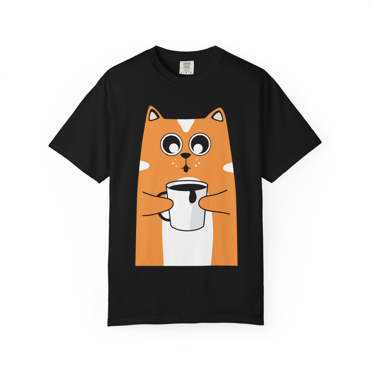 Coffee Cat T-Shirt — Cute Cat Holding Coffee Mug, “My morning doesn’t start until the coffee clocks in” Tee
