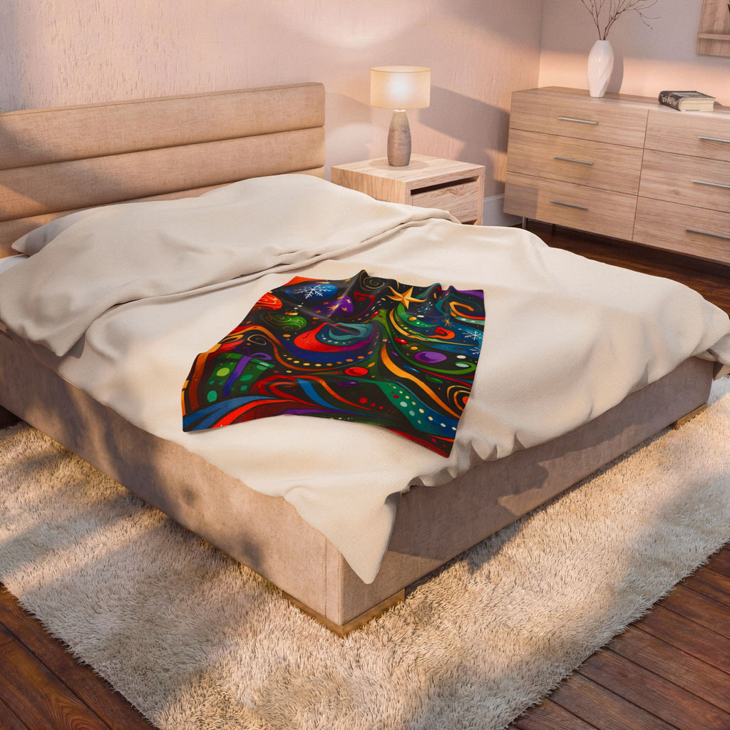 Colorful Swirl Christmas Tree Velveteen Plush Blanket | Holiday Ornaments