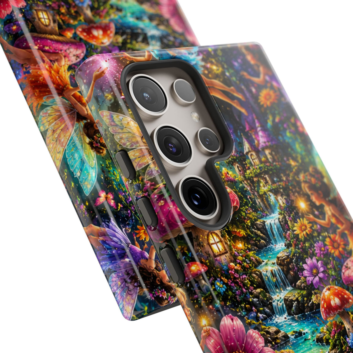 Fairy Garden Tough Phone Case — Whimsical Cottage, Waterfall & Mushroom Artwork