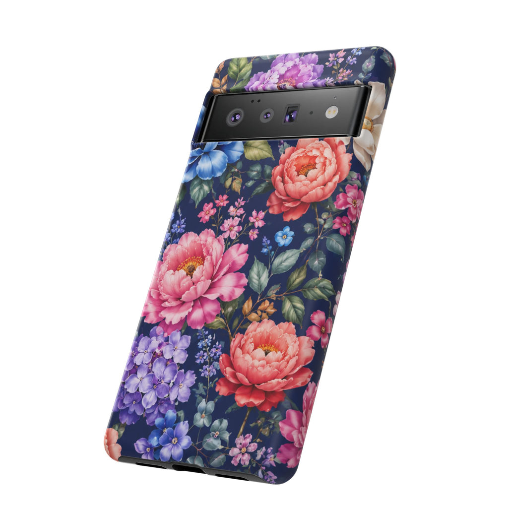 Floral Tough Phone Case – Vibrant Garden Flowers on Navy