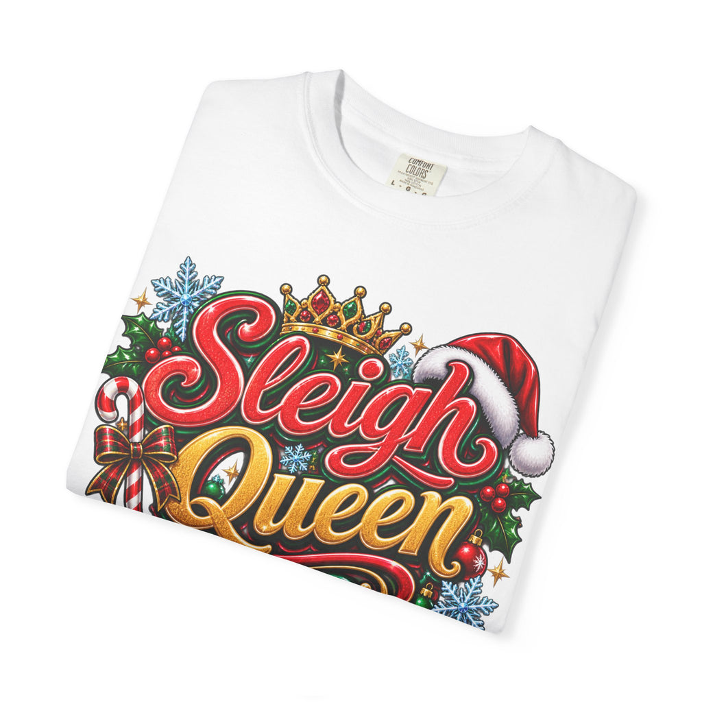 Sleigh Queen T-Shirt — Festive Christmas Holiday Tee with Santa Hat & Candy Cane Design