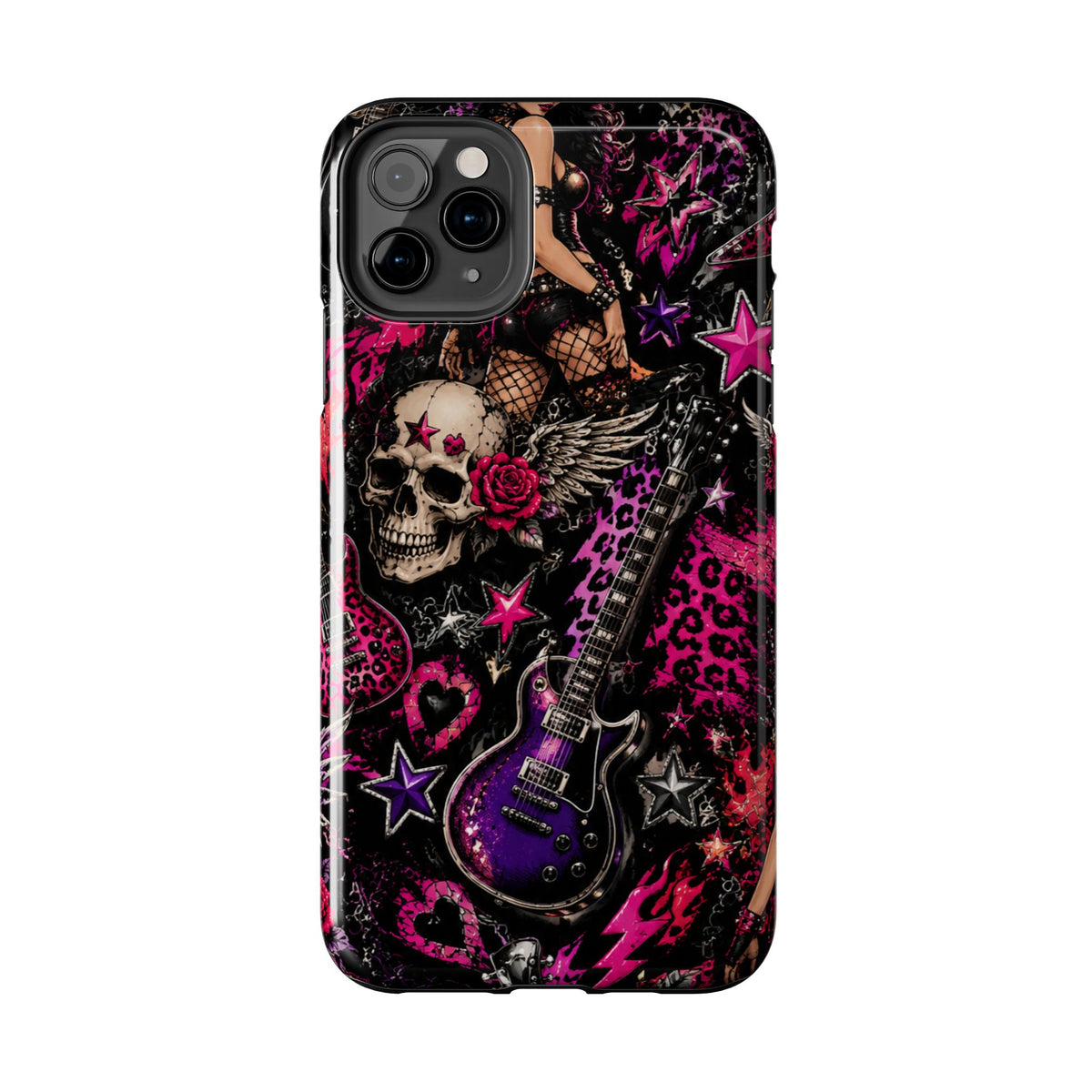 Rock Skull Guitar Phone Case — Edgy Pink Skull & Roses Tough Phone Case