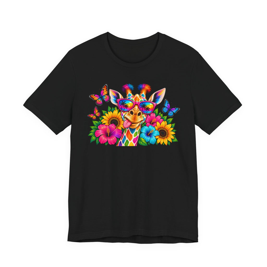 Giraffe Floral Tee — Colorful Butterfly & Sunflower Graphic T-Shirt