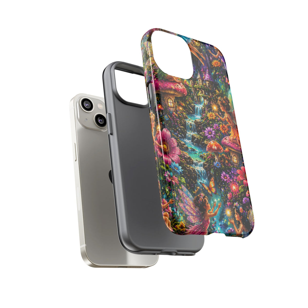Fairy Garden Tough Phone Case — Whimsical Cottage, Waterfall & Mushroom Artwork