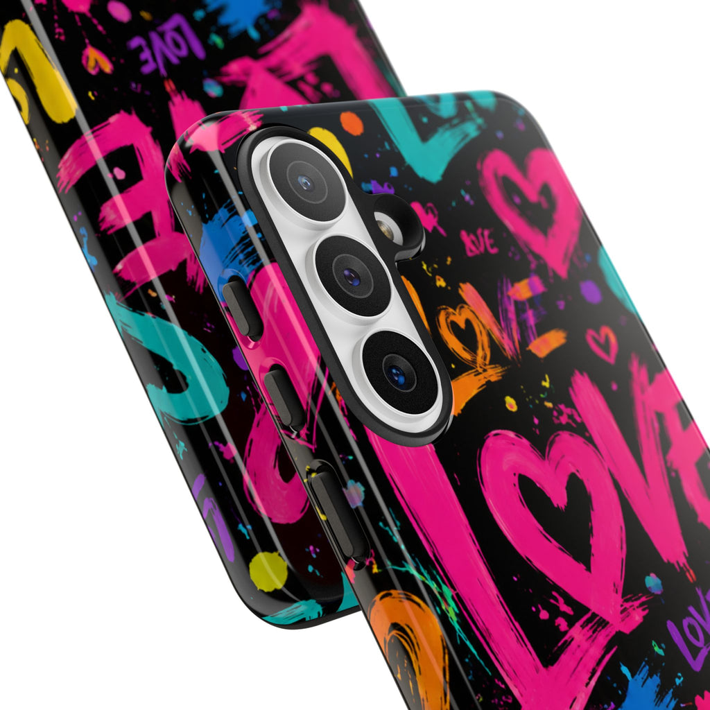 Phone Case — Neon Graffiti "Love" Hearts Protective Tough Case