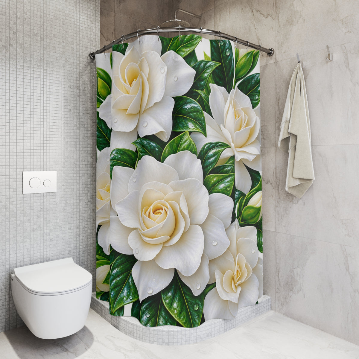White Gardenia Floral Shower Curtain | Botanical Bathroom Decor