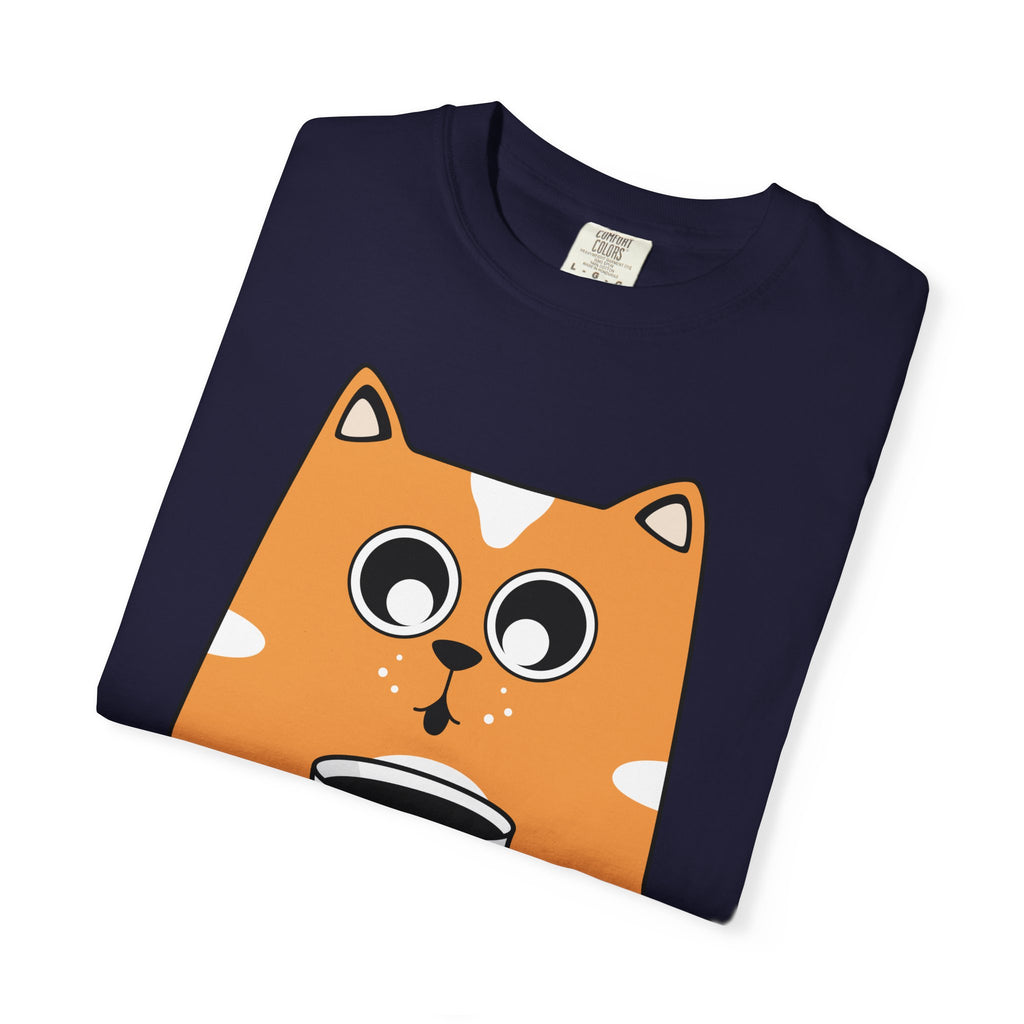 Coffee Cat T-Shirt — Cute Cat Holding Coffee Mug, “My morning doesn’t start until the coffee clocks in” Tee