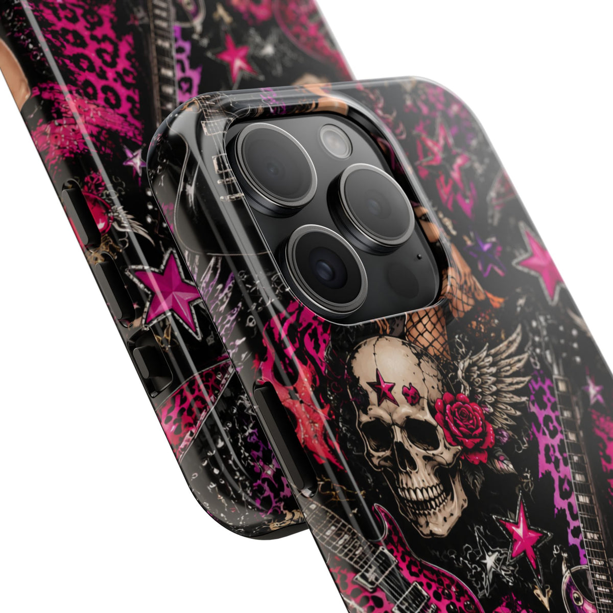 Rock Skull Guitar Phone Case — Edgy Pink Skull & Roses Tough Phone Case