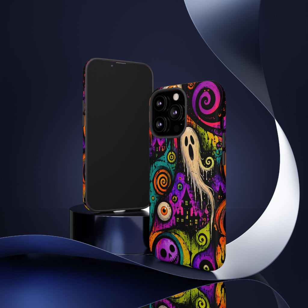 Halloween Ghost Phone Case — Colorful Spooky Skull & Haunted House Tough Case