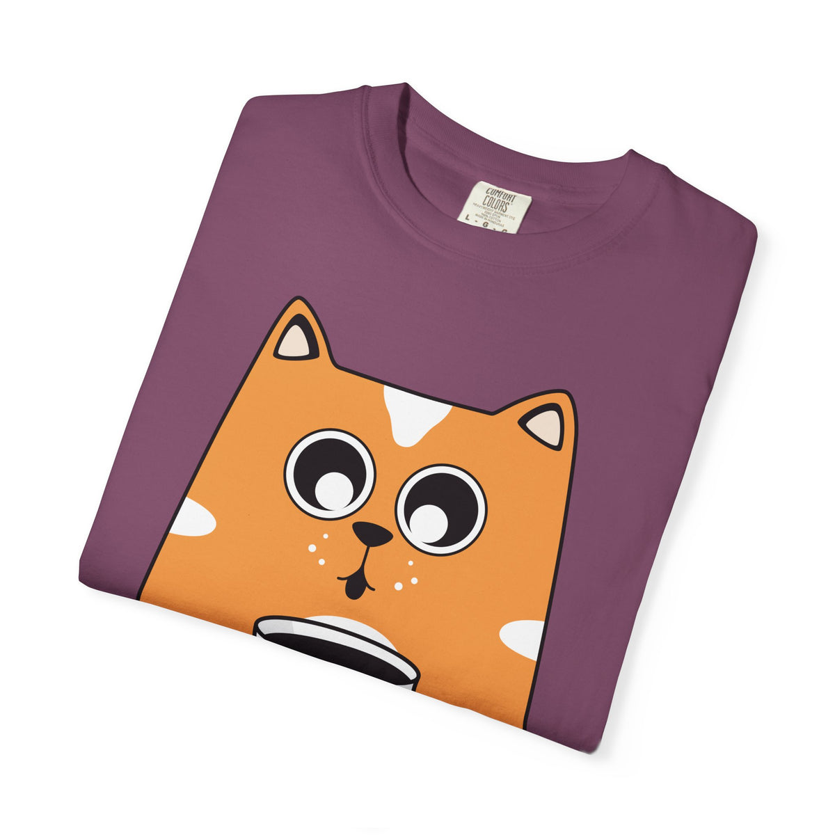 Coffee Cat T-Shirt — Cute Cat Holding Coffee Mug, “My morning doesn’t start until the coffee clocks in” Tee