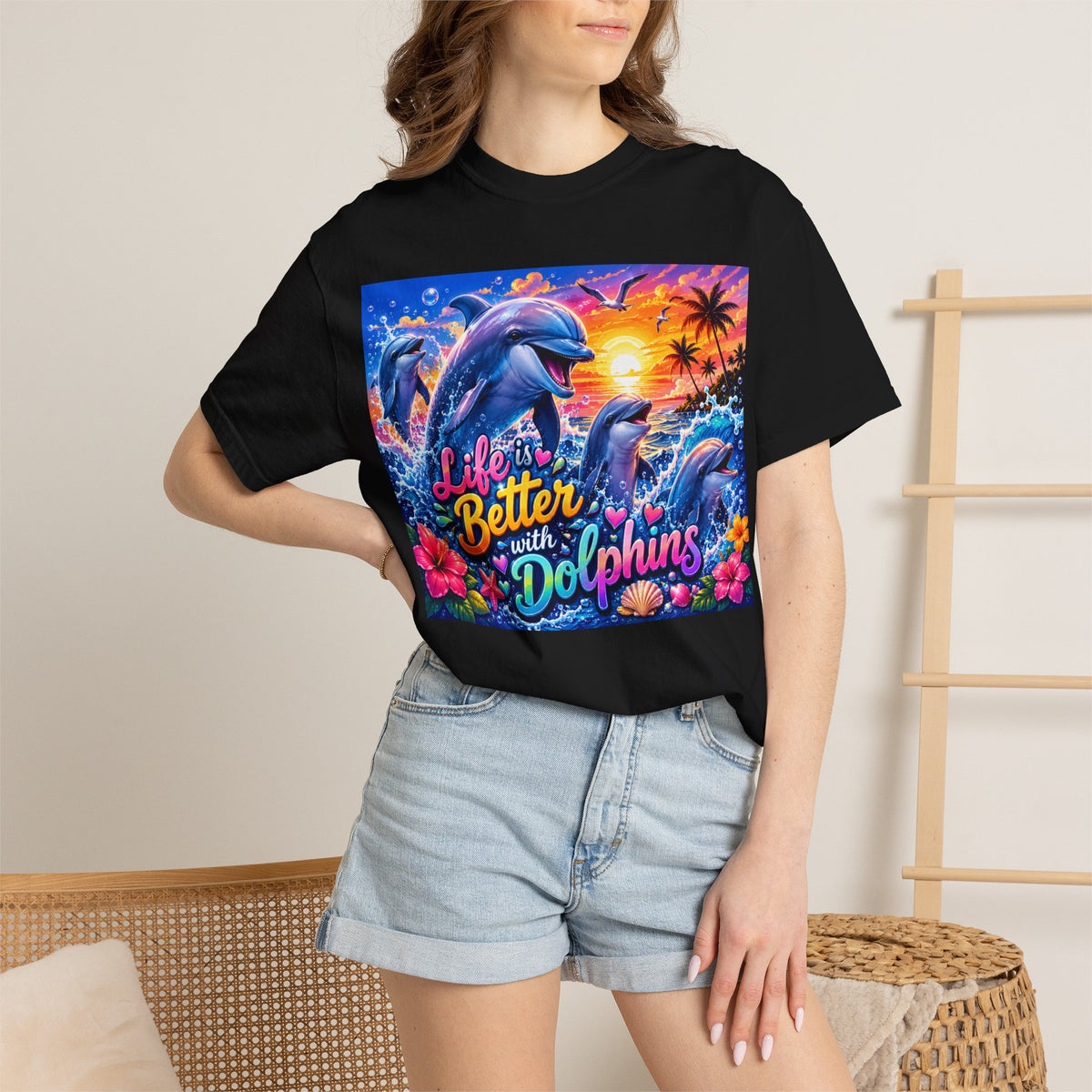 Life Is Better with Dolphins T-shirt | Sunset Dolphin Beach Graphic