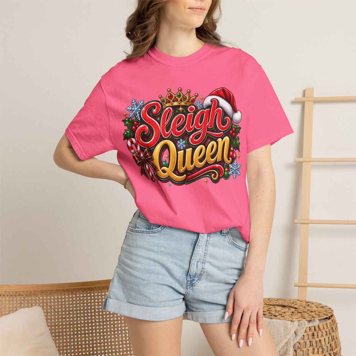 Sleigh Queen T-Shirt — Festive Christmas Holiday Tee with Santa Hat & Candy Cane Design