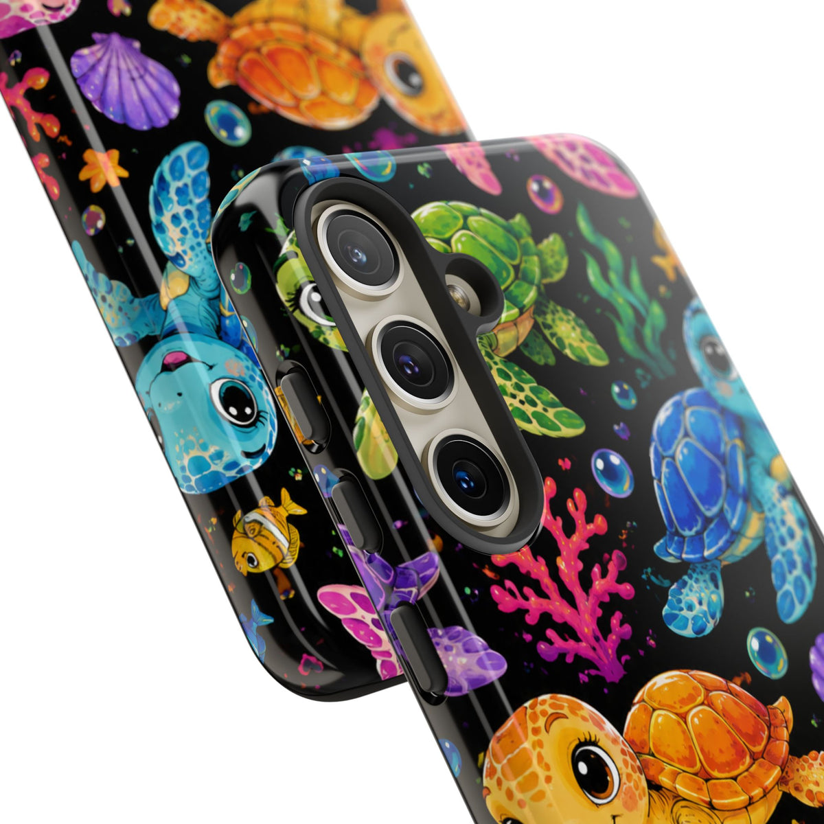 Phone Case — Colorful Cute Sea Turtles on Black (Protective Smartphone Cover)