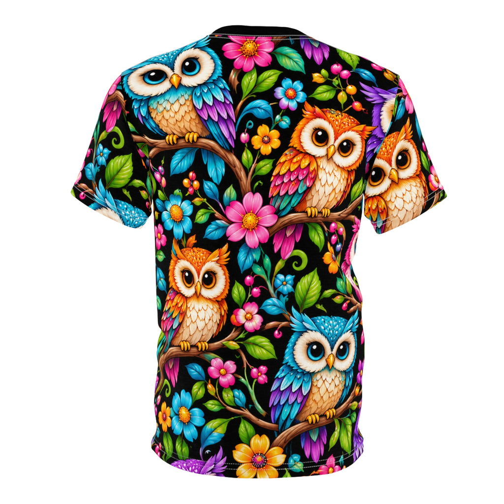 Colorful Owl All-Over Print Tee — Whimsical Floral Bird T-Shirt