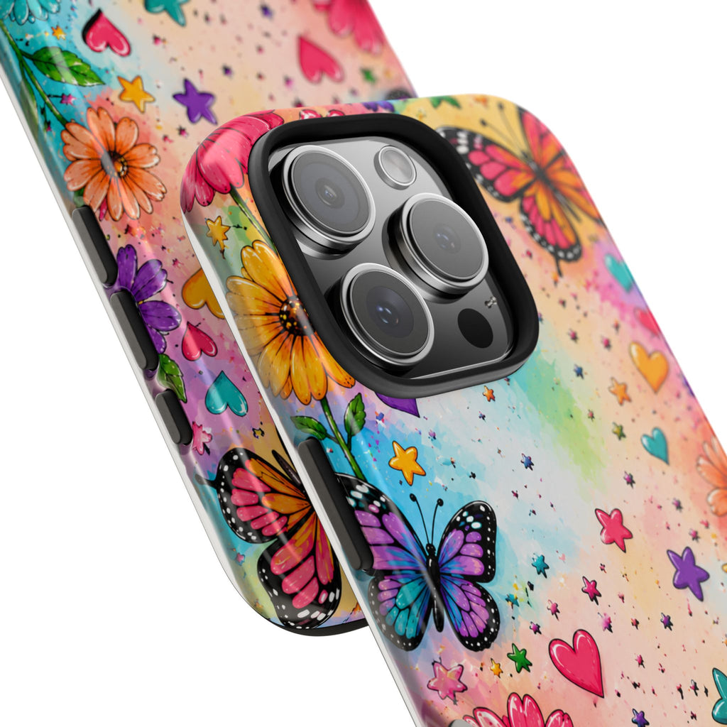 Colorful Butterflies and Flowers Tough Phone Case | Rainbow Hearts Stars